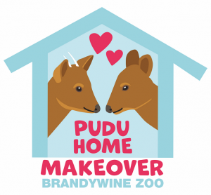 Male and female pudu deer kissing with floating hearts under a house roof for a makeover of thir home, Pudu Home Makeover, Brandywine Zoo