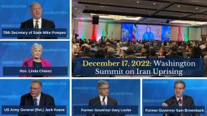 Former Sec. of State Mike Pompeo, Gov. Sam Brownback, Gen. (Ret.) Jack Keane, Hon. Linda Chavez, and Gov. Gary Locke address a policy conference, featuring NCRI President-elect Maryam Rajavi as the keynote speaker, on Dec. 17, 2022, in solidarity with Iran uprising.