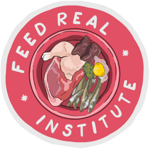 Feed Real Logo with bowl of fresh dog food with raw meaty bones, organs, seafood