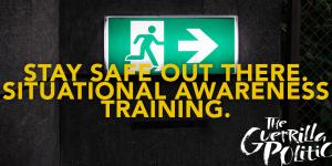Situation Awareness Training copy over sign of an icon person using an exit