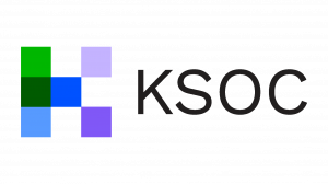 KSOC logo, colorful K on the left with a pixelated design using blue, greens and purples and the logo right after