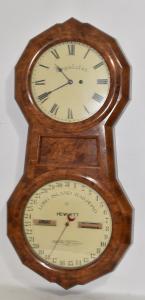 Rare circa 1876 Seth Thomas #1 Long Island Railroad double dial calendar clock in an oyster burl veneer case with original dials, 40 inches tall.