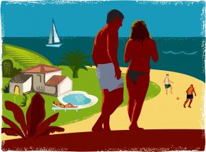 Image of couple in swimsuits walking by resort near the ocean.