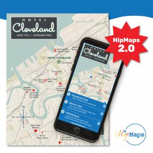 Image of Hotel Cleveland map of recommendations with phone showing same map in HipMaps app with blue location dot, comments, button for website & button for directions