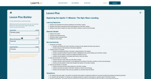 A image of the lesson plan builder being used, showing a lesson of the Moon Landings.