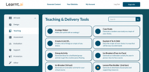 A screenshot showing the AI tool library on the Learnt.ai website.