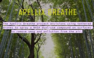  A photo of a bamboo forest with the text "The Apellix Breathe project envisions using tethered drones to spray a NASA dual-use compound on surfaces to remove smog and pollution from the air. "