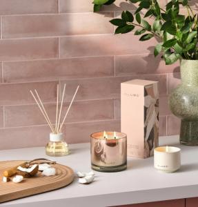 an image of the The Coconut Milk Mango Collection including a votive candle, fragrance sticks in a vase, and a tealight