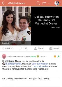 Reddit Moderator in r/Politicalhumor Apologizing to the Person Who Stole the Content