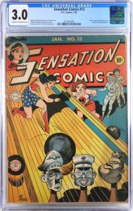 Copy of DC Comics Sensation Comics #13 (Jan. 1943), graded CGC 3.0 and featuring a classic wartime cover, by H. G. Peter, showing Wonder Woman at a bowling alley (est. $2,000-$3,000).