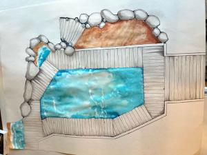 Hand drawn concept of epoxy flooring proposal by Good News Concrete owner Rick Lopez