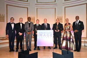 L-R: Steven, Kolb, Stephen Lamar, Dr. Uzodinma Iweala, Joe Preston, William McDonough, Willy Chavarria, Brandice Daniel and Segun Oduolowu at the 2023 AAFA American Images. Photo credit Slaven Vlasic for Getty Images.