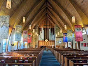 St. Martin's Lutheran Church in Annapolis hosts ICONS in Transformation, a free contemporary art exhibit featuring the works of Ludmila Pawlowska. Pictured are several pieces of art suspended from the ceiling in St. Martin's Sanctuary.