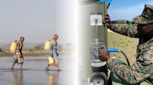 Image of women hiking to collect water in Africa next to an image of a US soldier dispensing drinking water from air.