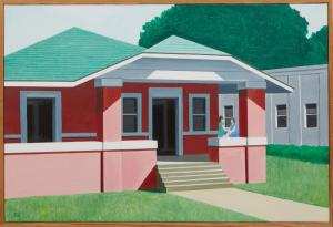 Oil on canvas painting by Emilio Sanchez (Cuban/N.Y., 1921-1999), titled Casita en Miami Rosada, initialed “ES” lower left and titled en verso, in a wooden frame (est. $15,000-$25,000)