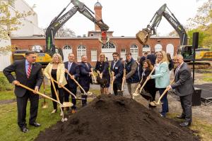 Elected officials and TSCW Executive Director Marc Alessi are pictured taking part in a ceremonial shovel turning in front of Wardenclyffe, Nikola Tesla's final laboratory.
