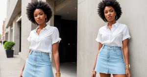A woman standing next to a wall wearing a white shirt and Blue Denim Skirt from Jeans4you.shop's 2023 Summer Collection