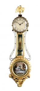 Lemuel Curtis (Concord, Mass., 1790-1857) girandole wall clock, exceptional for its beautifully rendered image of Aurora in a reverse painting on glass (eglomisé) (est. $20,000-$40,000).