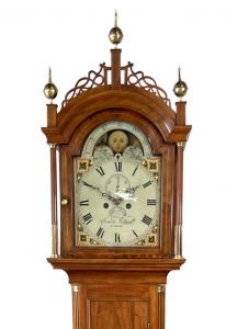 This Federal mahogany tall case clock by Simon Willard (Roxbury, Mass., circa 1790), having a bonnet with fine fretwork detail, should realize $10,000-$20,000.