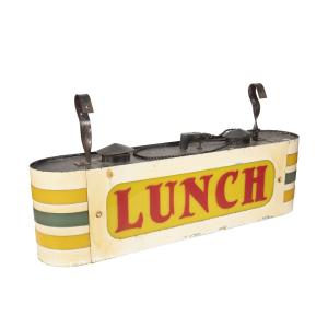 Circa 1930-1959 Quebec double-sided Art Deco restaurant sign in metal and plastic with blue and yellow bands at the curved ends, red lettering on a yellow ground (est. CA$1,000-$1,500).