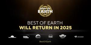 The best of earth logo on a black background that includes the logos of all 6 festival partners of Best of Earth, Dome Fest West, Fulldome Festival Jena, FulldomeUK, DomeUnder, and SAT Fest, along with the title text “Best of Earth will return in 2025”