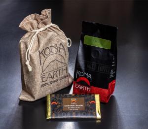 bag of Kona coffee with bar of chocolate and burlap mini-bag