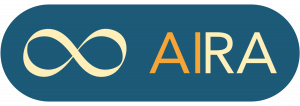 Rounded horizontal shape with dark green background, an infinity symbol and the capital letters AIRA in pale yellow and orange.