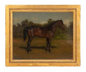 Oil on canvas Study of a Brown Bay Horse by Rosa Marie Bonheur (French, 1822-1899), a landscape painting depicting a standing chestnut brown bay horse with trees ($15,730).