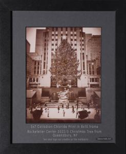 Collodion chloride (aristotype) print of the Rockefeller Christmass tree in NYC by photographer Craig Murphy. This print was made from a digital negative. and glens falls art logo in corner.
