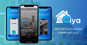 Screenshot of Ciya app interface showcasing personalized property search, voice and photo search features for an innovative home buying experience.