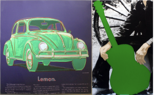 ANDY WARHOL, Volkswagen (left) from ADS, 1985, Lot #83,  Screen-print Edition of 190, ESTIMATE: $60,000-$70,000  and (right) John Baldessari, Lot #6 Person with Guitar (Green), 2005   Screenprint in colors on Rivers BFK paper, Edition of 40, Estimate $20,000-$25,000