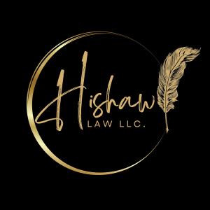 Logo of Hishaw Law LLC, black and gold color with surrounded by a circle and a stem of wheat.