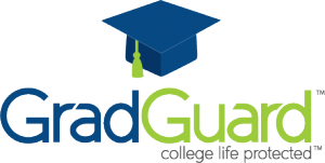 The logo image of GradGuard with a blue cap above the text GradGuard and the statement college life protected