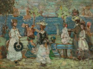 Oil on panel by Maurice Prendergast (American, 1858-1924), titled Beach Scene, Boston (circa 1907-1910), 10 ½ inches by 13 ¾ inches ($162,500).