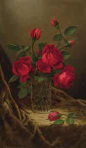 Oil on canvas by Martin Johnson Heade (American, 1819-1904), Vase of Red Roses (circa 1880s), signed lower left "M J Heade", 20 inches by 12 inches ($125,000).