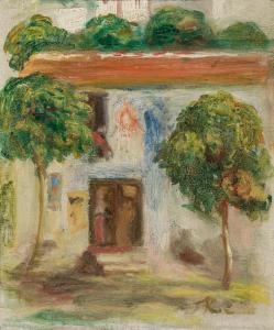 Oil on canvas by Pierre-Auguste Renoir (French, 1841-1919), titled Arbres Devant La Maison (1908), initialed, 7 ½ inches by 6 ¼ inches ($106,250).
