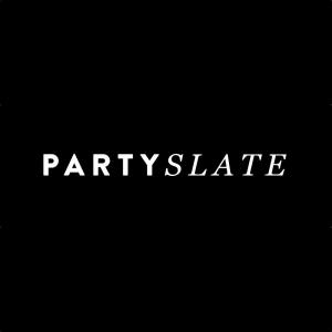 PartySlate's logo: Bold san serif font spelling "PARTY" next to italicized serif font spelling "SLATE." The logo is in white, against a black background.