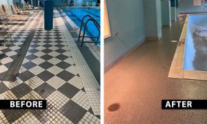 Before and after photos of indoor pool deck at Wisp Resort in McHenry, MD