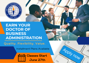 People in suits shaking hands and conference table. 100% Online DBA Program. Classes start June 27th.