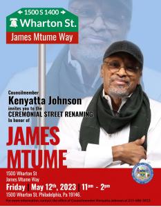 Grammy Legend James Mtume Honored In Philly With Street Renaming Ceremony, Friday May 12th, 2023, 11am-2pm ET