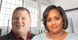 Photo of Boltpoint Media Founders Essence Marsh and Chip Gregory smiling at camera in studio