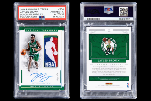 The 2016-17 National Treasures Jaylen Brown Logoman Rookie Autograph Basketball Card is currently on offer in the Goldin May Elite Sports Auction.