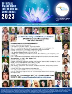 Spiritual Awakenings International virtual conference with 33 international speakers from 12 countries, June 10-11, 2023.