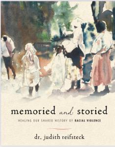 Soft water colors painting of people on front of book titled Memoried and Storied
