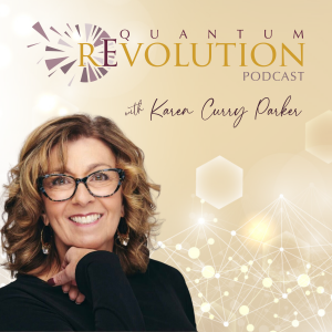 A cover image for a podcast featuring a woman with glasses and brown hair smiling in front of a gold background.