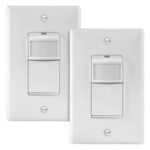 Image of two Lider white motion sensor switches with wall plates.