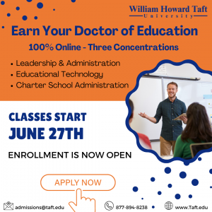 Male Teacher in front of class, William Howard Taft University, Doctor of Education. Three Concentrations of Study, Classes Start June 27th.