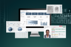 Image of woman, fingerprints and a computer screen showing Neurotechnology’s MegaMatcher IDMS provides unified and adaptable identity management in a single, streamlined package for common identity administration tasks in civil and criminal applications.