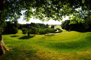 Wabeek Golf Course 3rd hole surrounded by lush trees, grassy mounds, bunkers and water hazzards..