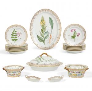 Extensive collection of Royal Copenhagen Flora Danica porcelain tableware (est. $400-$7,000).
